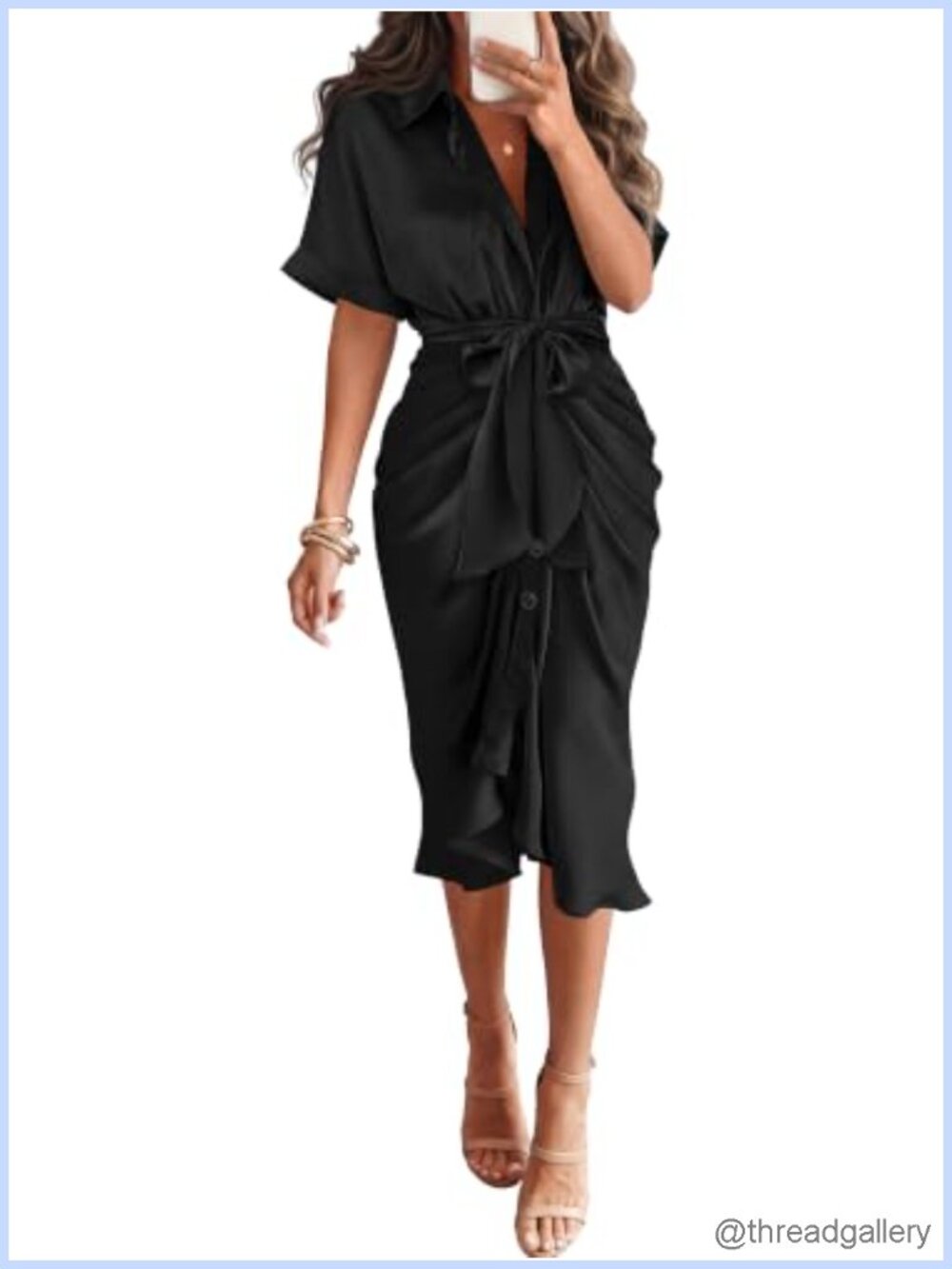 Satin Maxi Dress Short Sleeve Button Down Tie Waist Business Casual Semi Formal